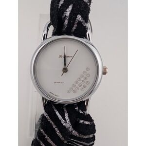 Vintage Le Baron Watch Women 29mm Silver Case Black Leather Fabric Band- Working